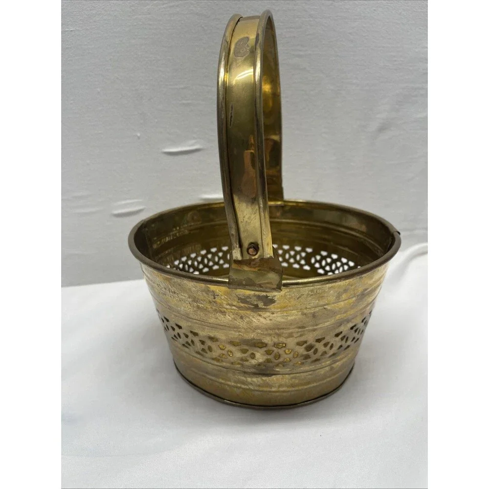 Vintage Solid Brass Pierced Basket Handle Decorative Ornate Planter Round India